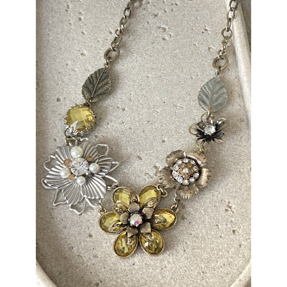 Floral Statement Necklace Yellow Rhinestone Mixed Metal Flower Leaf Faux Pearl